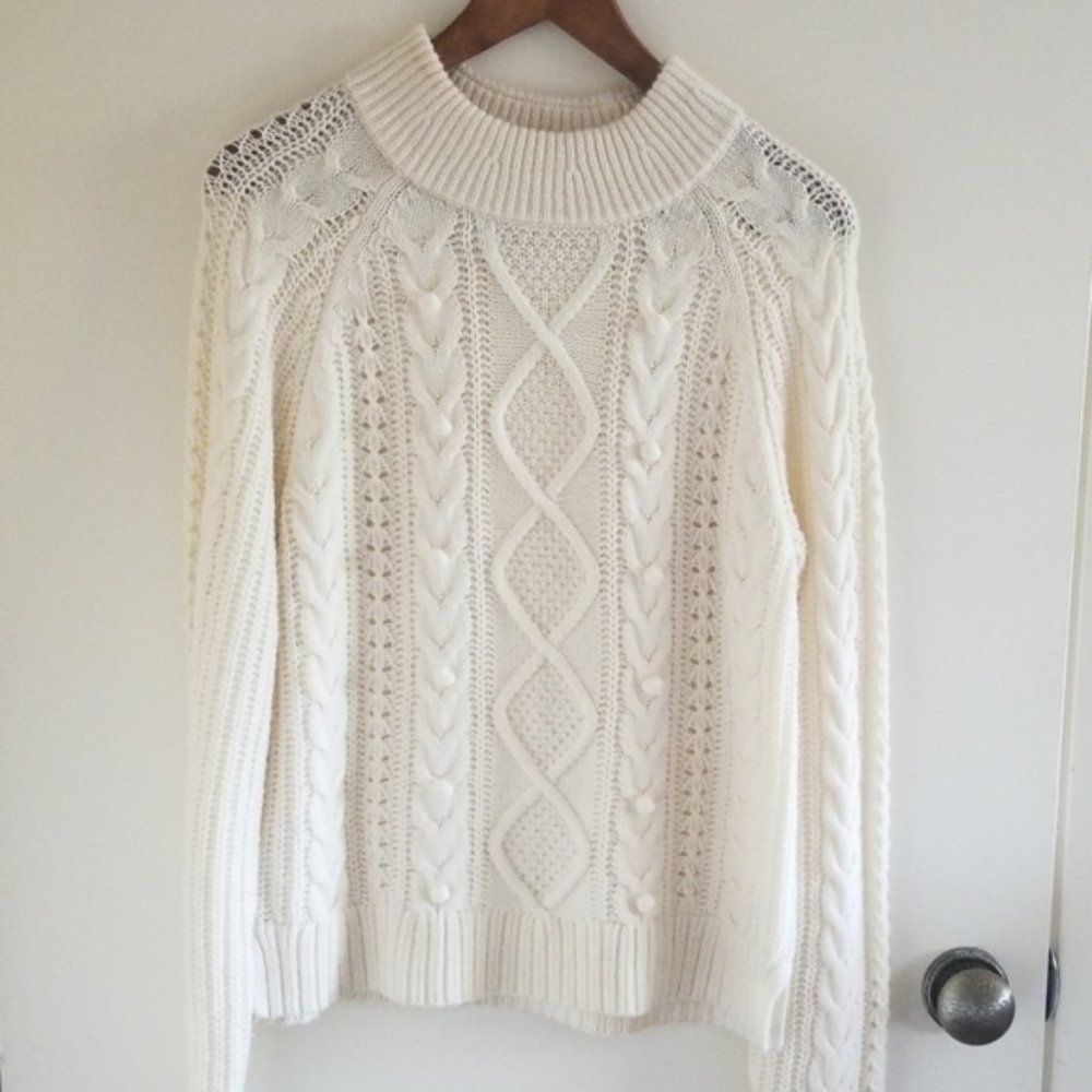 New J. Crew Pom Pom Cable Knit Sweater Sz XXS Soft Cream - Picture 5 of 11